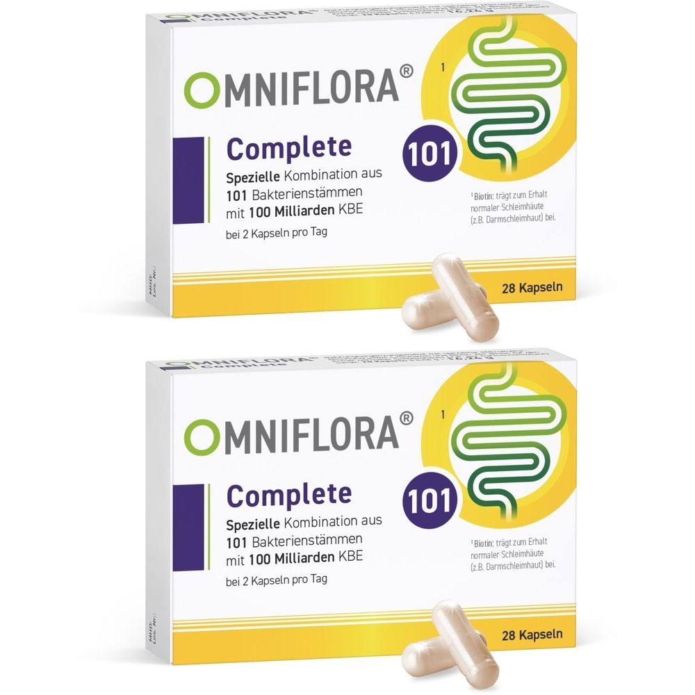 Zwei Packungen OMNIFLORA Complete. Weiße Schachteln mit Produktnamen, 101, und Kapseln. 28 Kapseln pro Packung.
