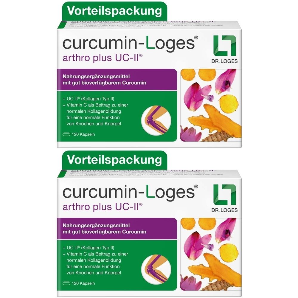Zwei Packungen curcumin-Loges arthro plus UC-II. Weiße Schachteln mit Produktnamen, Inhaltsangaben und Illustrationen von Kurkuma und Blüten.