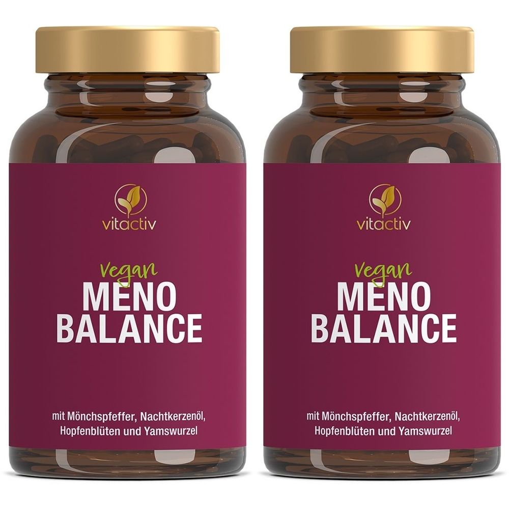 Zwei braune Glasflaschen mit goldenen Deckeln. Auf den Etiketten steht "vitactiv Vegan MENO BALANCE".