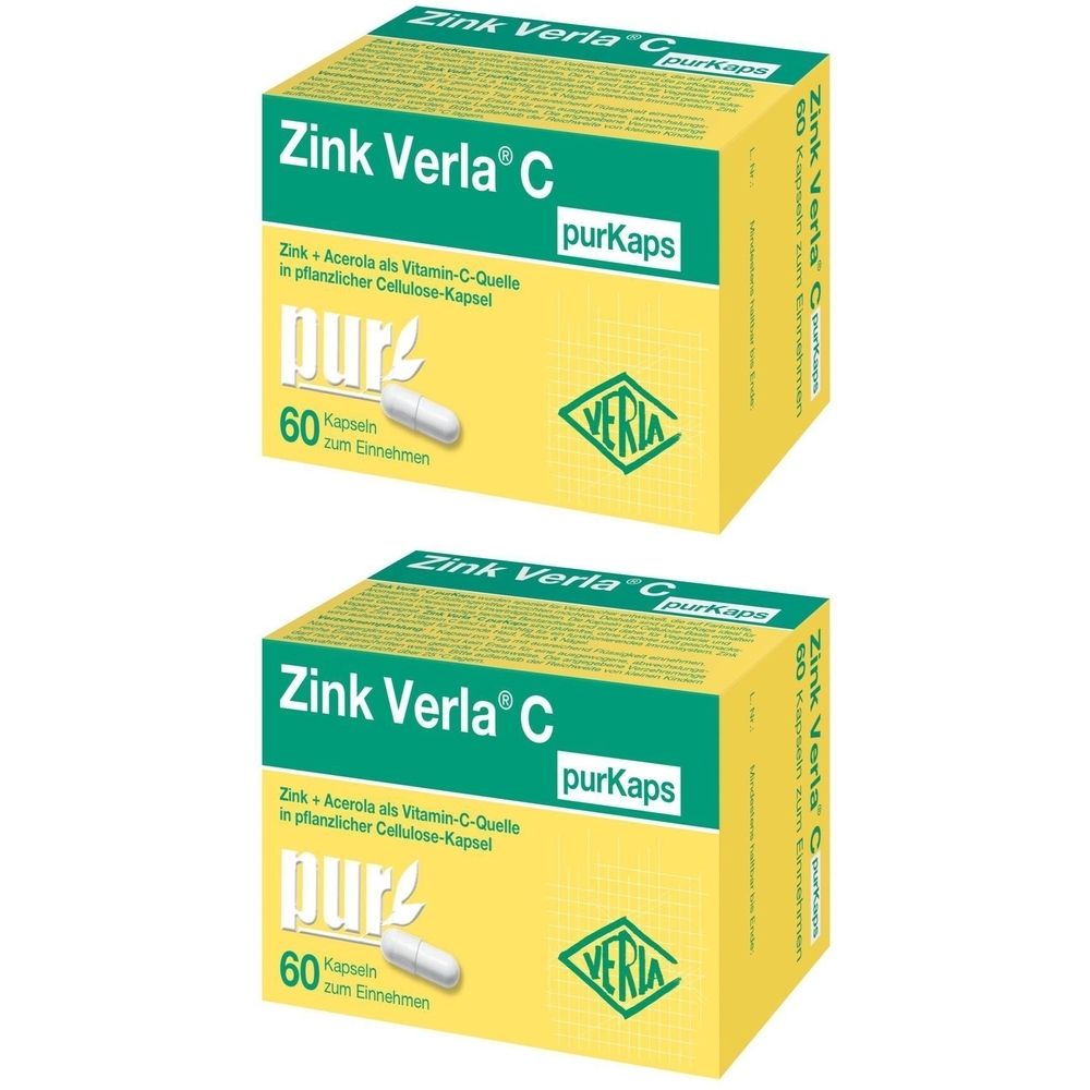 Zwei gelbe Kartons mit der Aufschrift Zink Verla C purKaps. Eine Kapsel liegt vor dem Karton. 60 Kapseln zum Einnehmen.