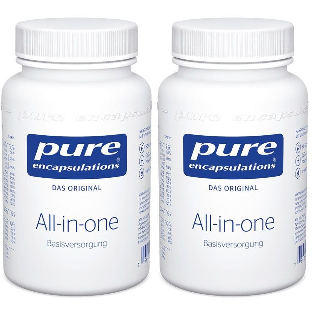 Zwei weiße Flaschen mit blauem Etikett. Aufschrift: Pure Encapsulations All-in-one. Basisversorgung. Deckel und Flaschen sind weiß.