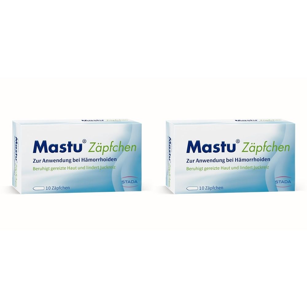Zwei Schachteln mit der Aufschrift "Mastu Zäpfchen". Blaue und weiße Verpackung. Text: Zur Anwendung bei Hämorrhoiden. 10 Zäpfchen.