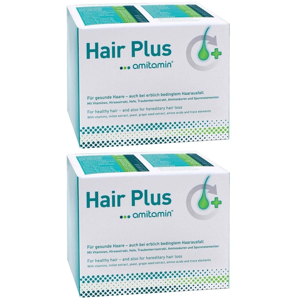 Zwei weiße Kartons mit der Aufschrift "Hair Plus ...amitamin". Text in Deutsch und Englisch. Abbildung eines Haares mit Pluszeichen.