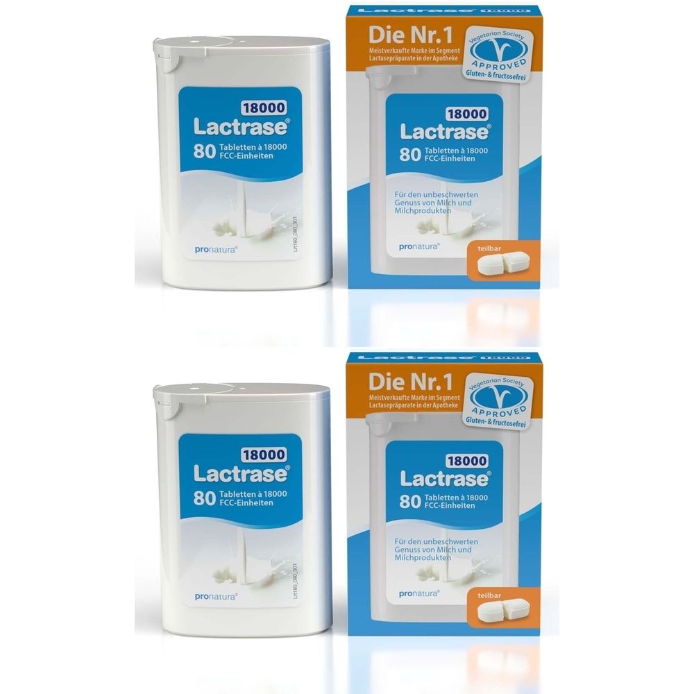Mehrere Packungen Lactrase 18000 Tabletten. Weiße Tabletten und blaue Verpackung mit Produktinformationen. Die Nr. 1.