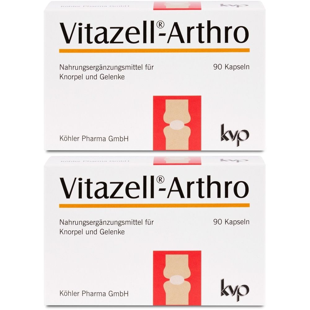 Zwei weiße Schachteln mit der Aufschrift "Vitazell-Arthro". Enthält 90 Kapseln. Aufschrift: Nahrungsergänzungsmittel für Knorpel und Gelenke.