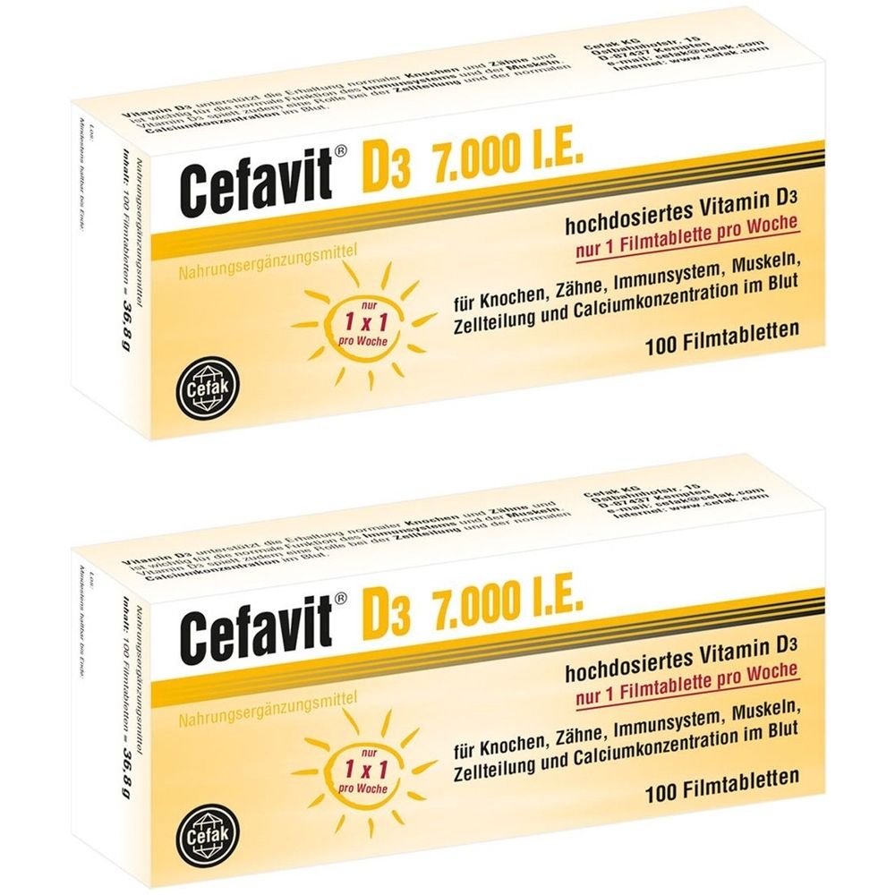 Zwei Schachteln Cefavit D3 7.000 I.E. mit Text: hochdosiertes Vitamin D3, 100 Filmtabletten. Logo: Cetak. Aufdruck: 1x1 pro Woche.