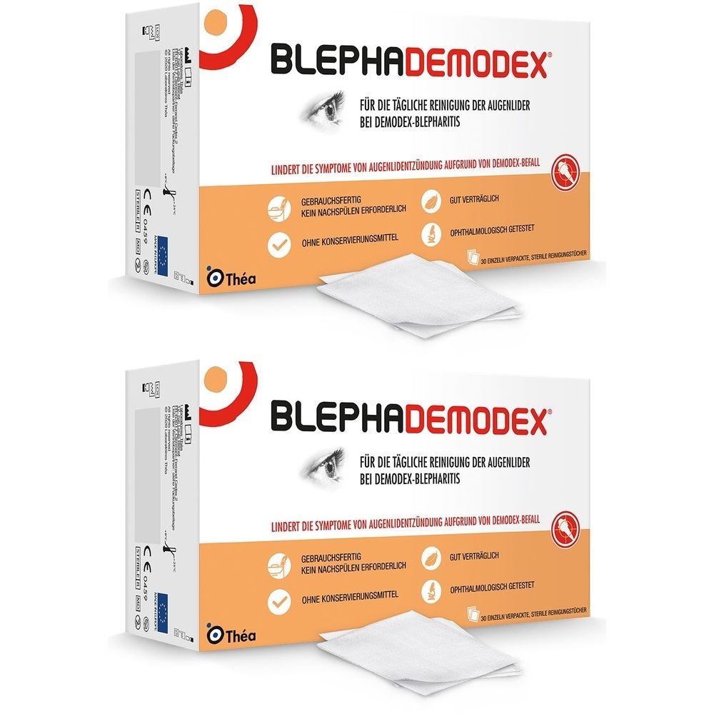 Zwei Packungen BLEPHADEMODEX Reinigungstücher. Weiße Tücher liegen vor den orange-weißen Kartons. Text: Für die tägliche Reinigung der Augenlider.