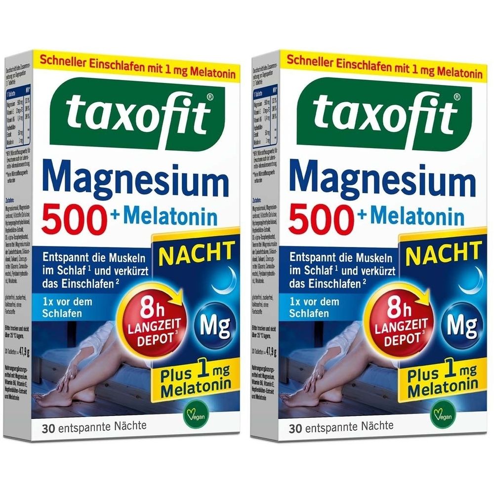 Zwei Schachteln taxofit Magnesium 500+Melatonin. Aufschrift: Nacht, 8h Langzeit Depot, Plus 1 mg Melatonin. Vegan.