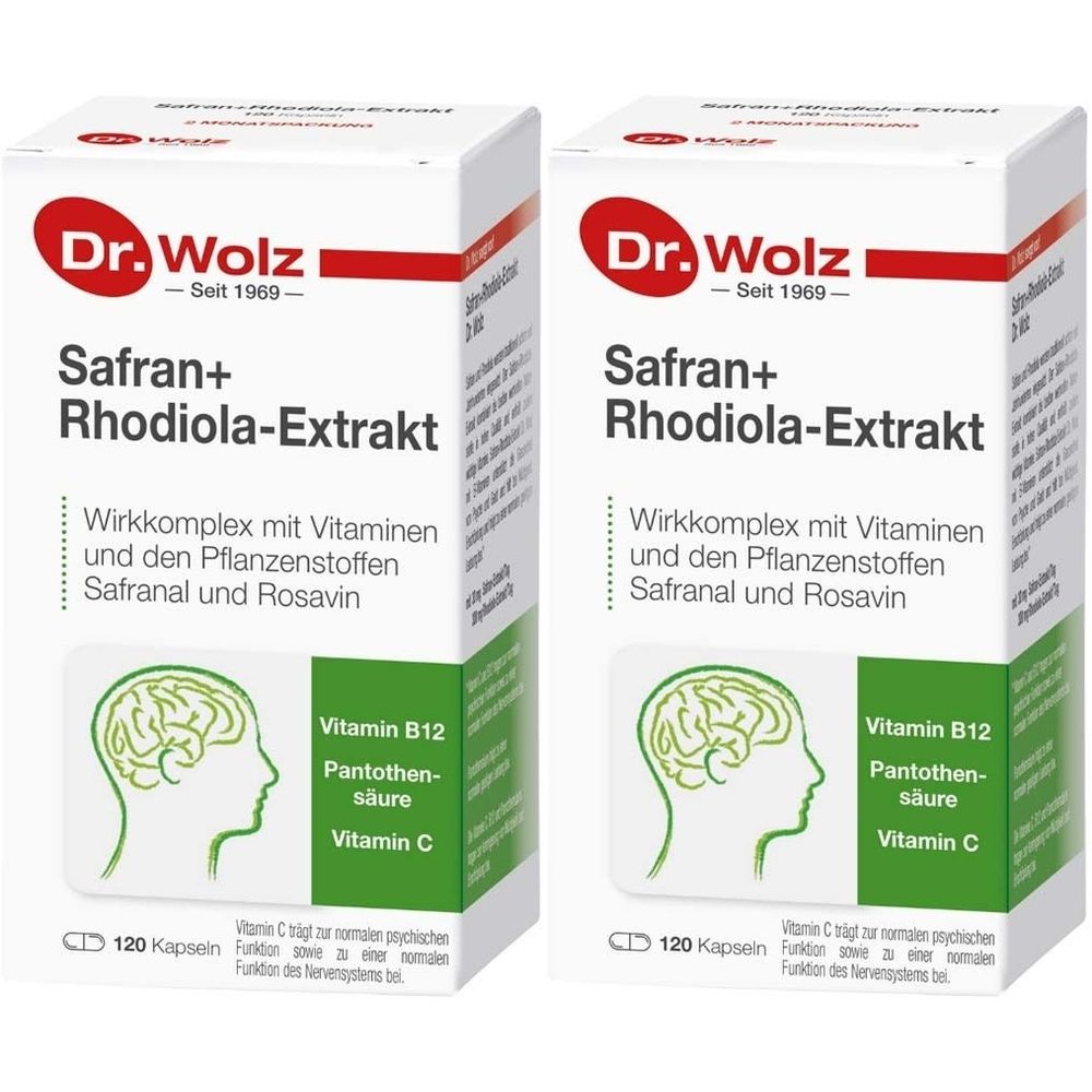 Zwei weiße Kartons mit Aufschrift "Dr. Wolz Safran+Rhodiola-Extrakt". Enthält 120 Kapseln. Grün-weiße Grafik mit Vitamin-Angaben.