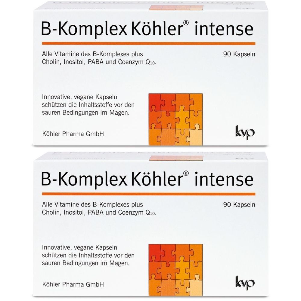Zwei weiße Schachteln mit Aufschrift B-Komplex Köhler® intense. Enthält 90 Kapseln. Text: Alle Vitamine des B-Komplexes plus...