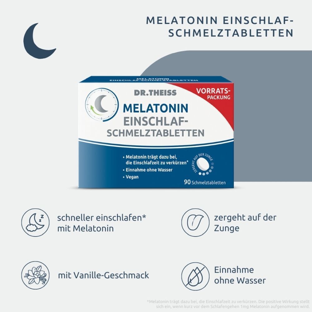 DR. THEISS Melatonin Einschlaf-Schmelztabletten: schneller einschlafen, zergeht auf der Zunge, Vanille-Geschmack, Einnahme ohne Wasser.