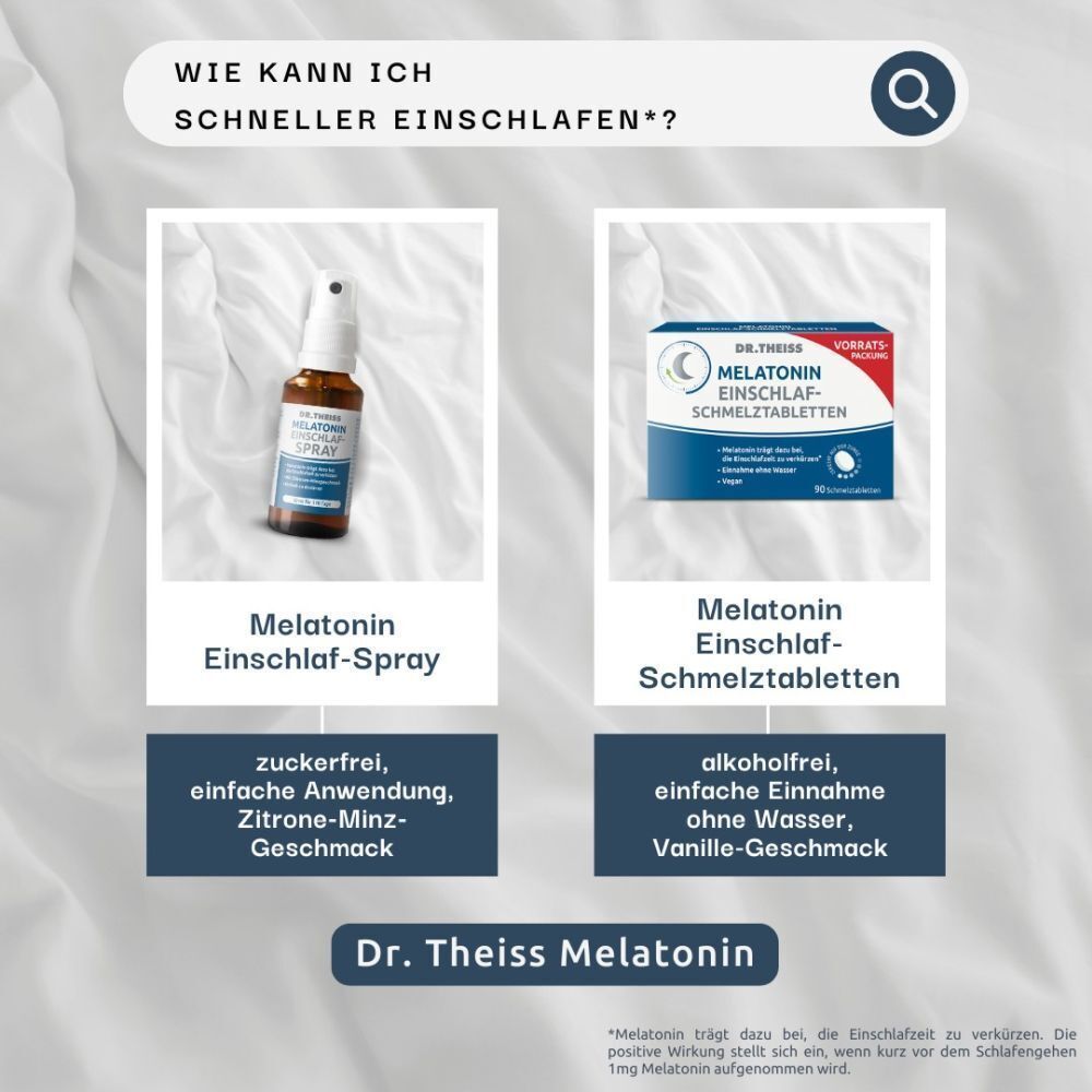 Vergleich von DR. THEISS Melatonin Einschlaf-Spray und Schmelztabletten zur Unterstützung des Einschlafens.