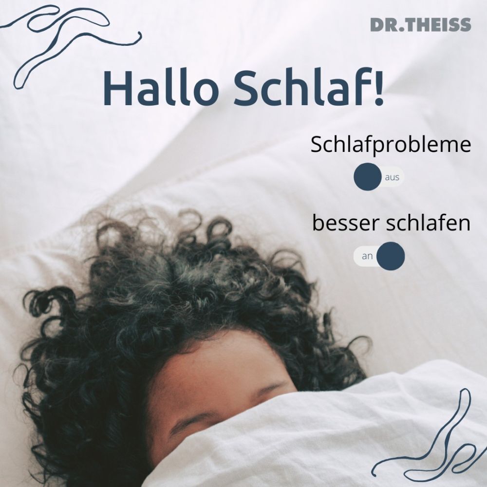 Frau schläft tief und fest, mit Text "Hallo Schlaf!".