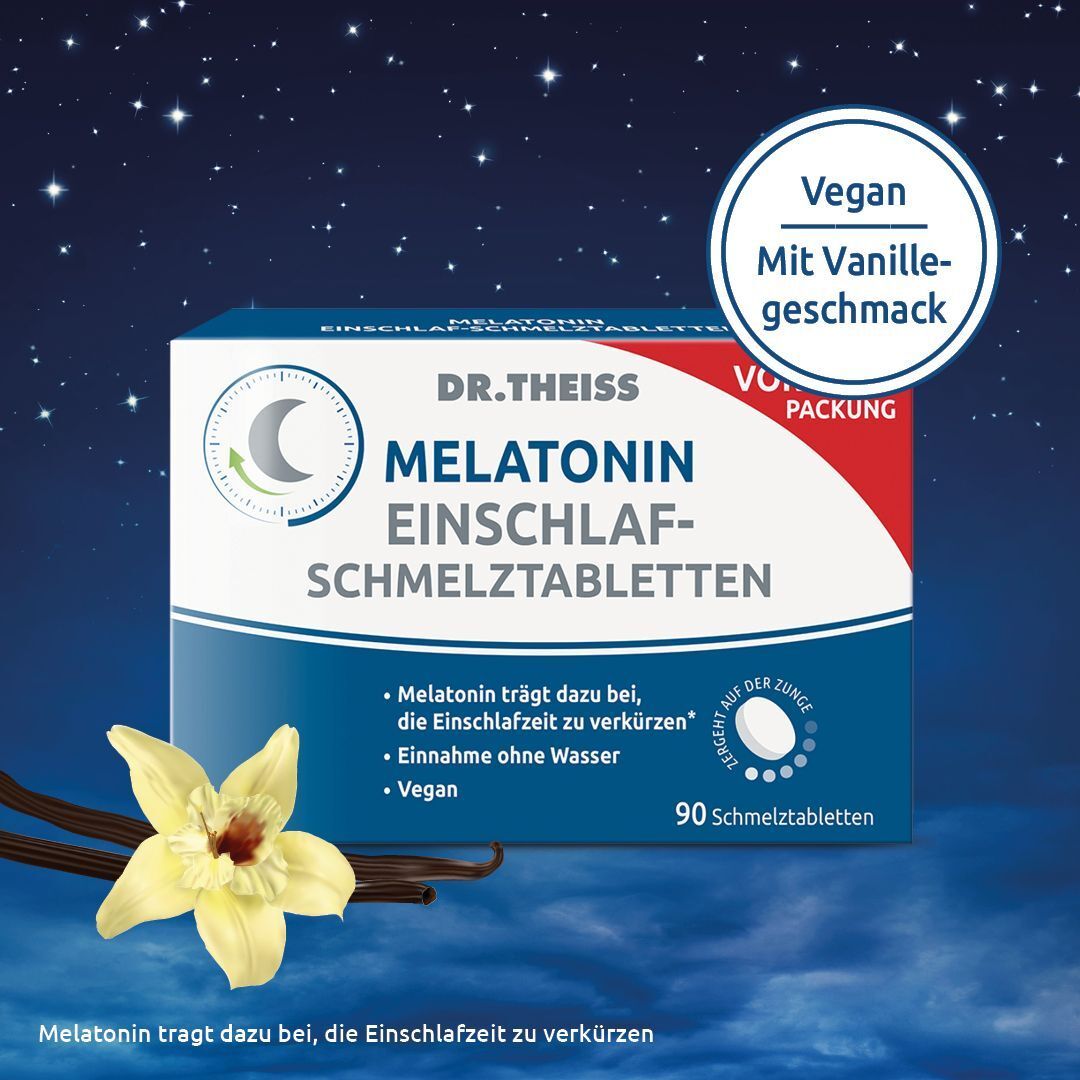 DR. THEISS Melatonin Einschlaf-Schmelztabletten Packung mit Vanilleblüte und Vanilleschoten, vegan.