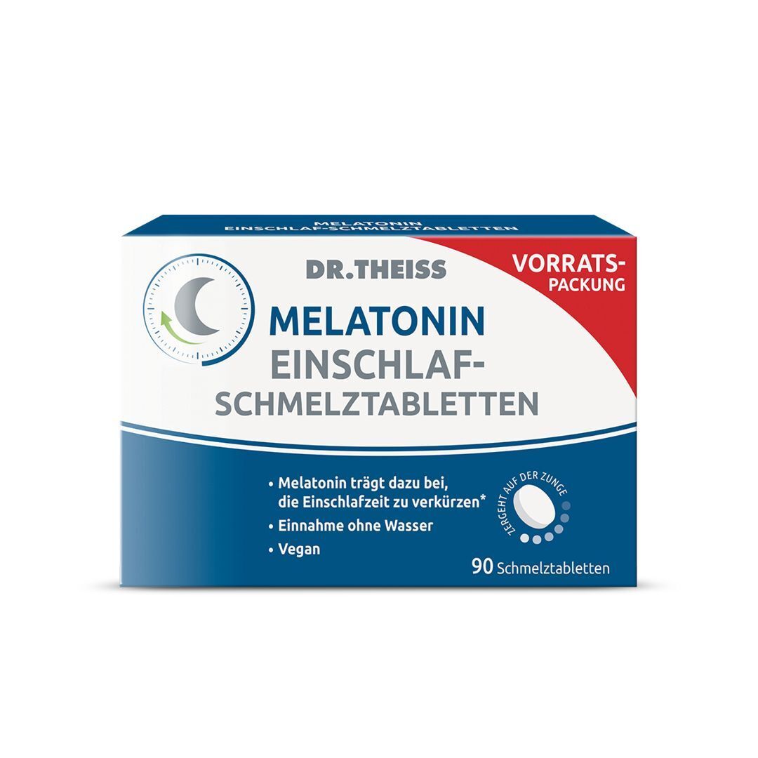 DR. THEISS Melatonin Einschlaf-Schmelztabletten Packung, Vorratspackung mit 90 Schmelztabletten.