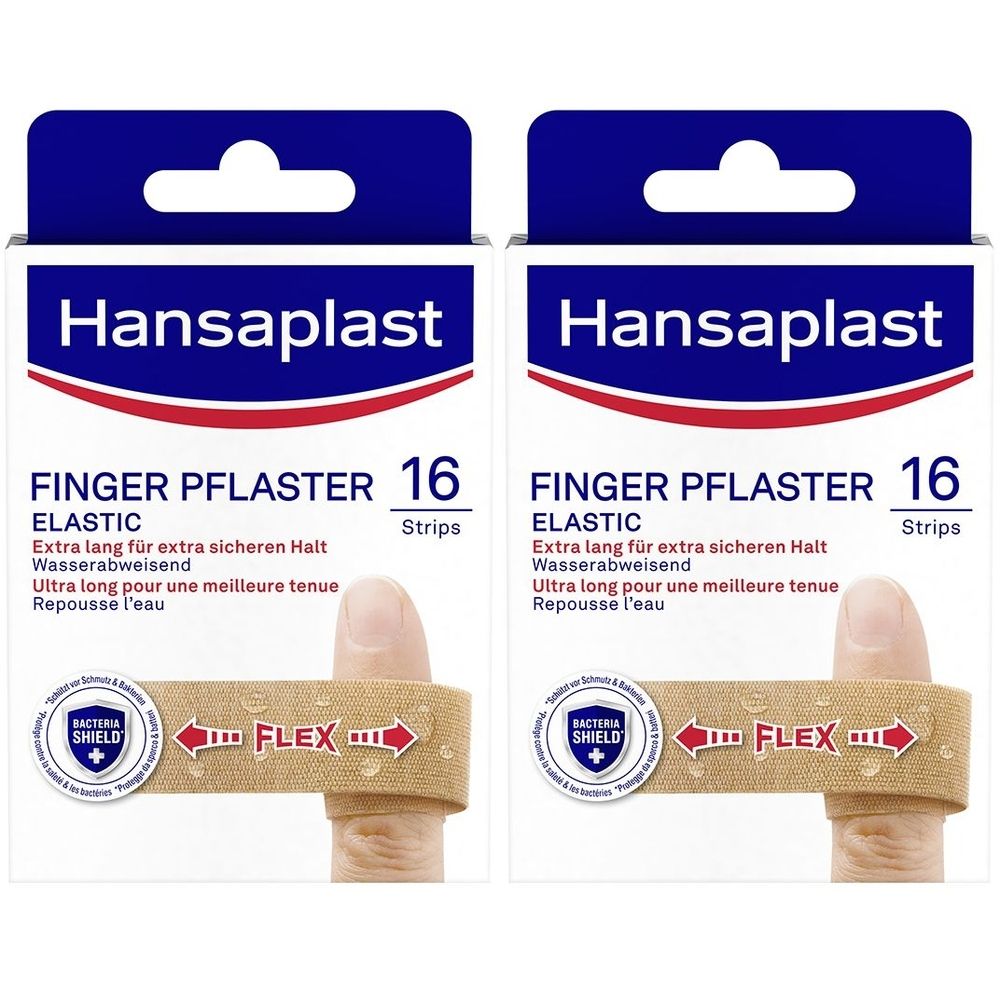 Zwei Packungen Hansaplast Fingerpflaster. Jede Packung enthält 16 Pflaster. Aufschrift: Extra langer Halt, wasserabweisend.