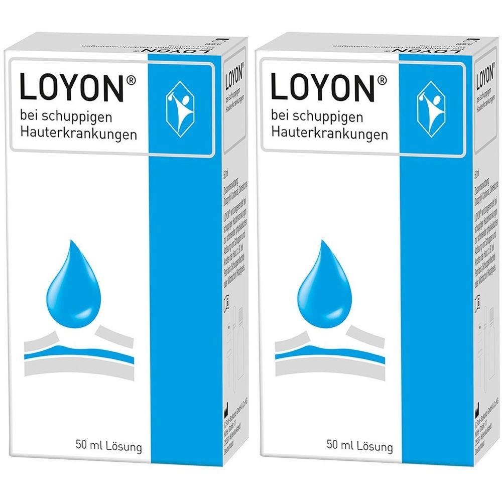 Zwei weiße Kartons mit blauem Akzent. Aufschrift LOYON, bei schuppigen Hauterkrankungen. Blaue Tropfen-Grafik. 50 ml Lösung.