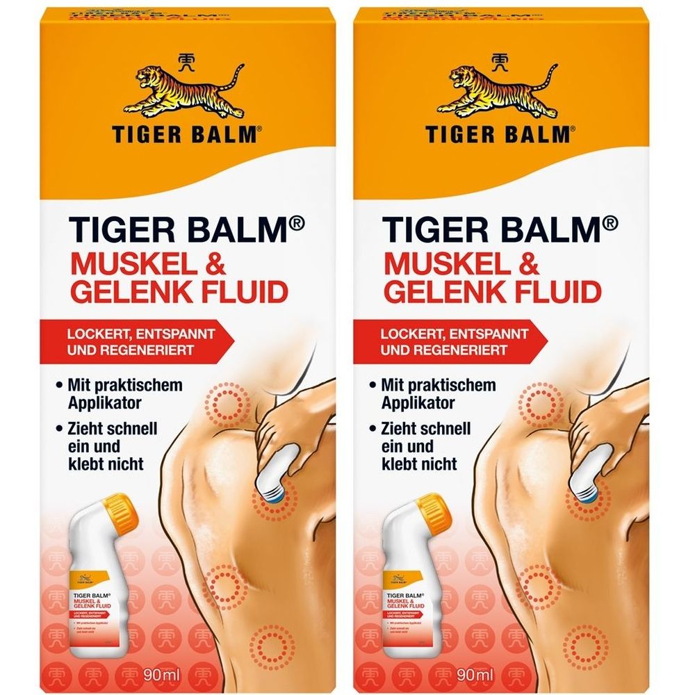Zwei Packungen Tiger Balm Muskel & Gelenk Fluid. Aufdruck: Tiger Balm, Muskel & Gelenk Fluid, mit Applikator. Flasche mit 90ml.