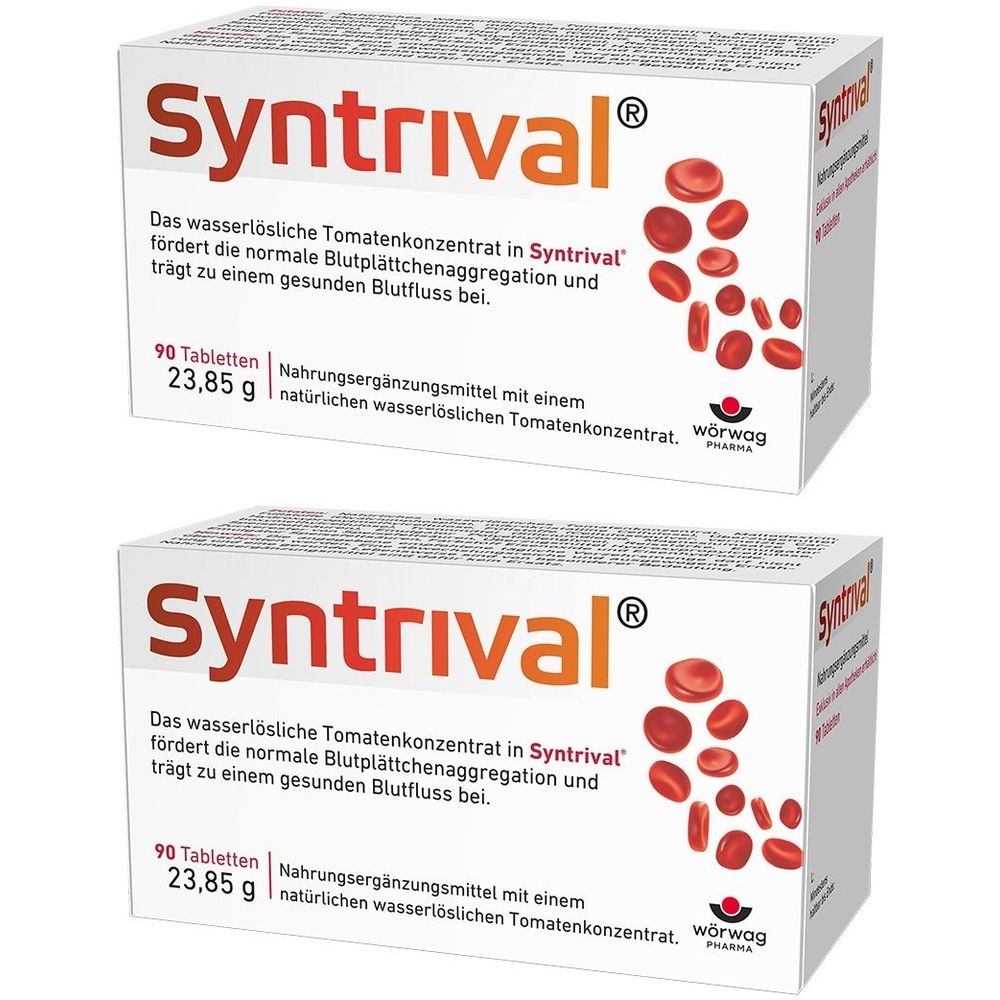 Zwei Schachteln Syntrival®. Aufschrift: Nahrungsergänzungsmittel, 90 Tabletten. Abbildung von roten, runden Formen.