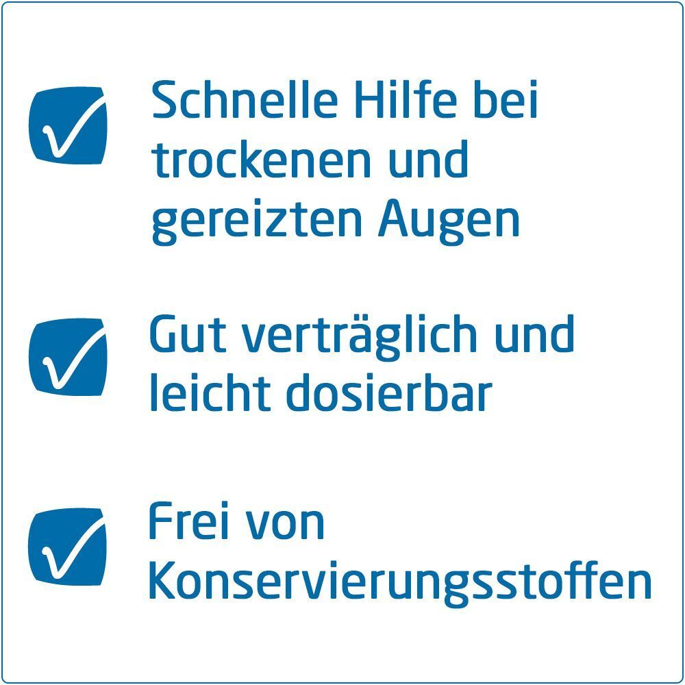 Drei Checklistenpunkte mit blauen Häkchen: Schnelle Hilfe bei trockenen und gereizten Augen. Gut verträglich und leicht dosierbar. Frei von Konservierungsstoffen.