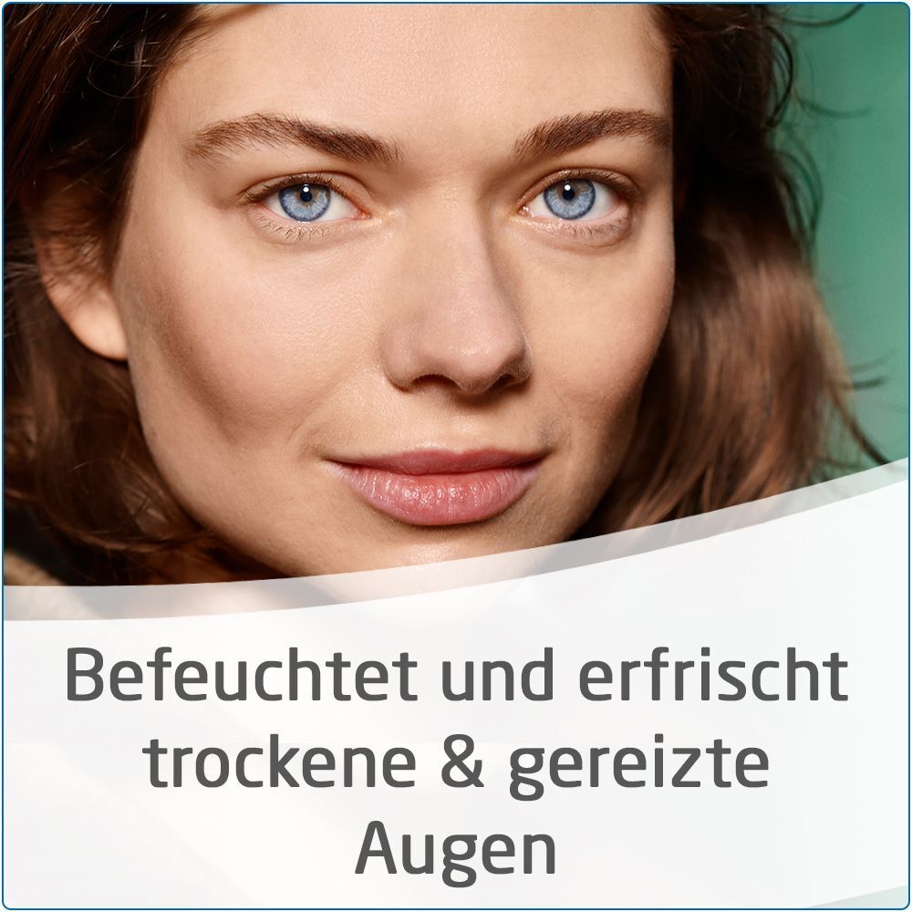 Nahaufnahme einer Frau mit blauen Augen. Der Text darunter lautet: Befeuchtet und erfrischt trockene & gereizte Augen.