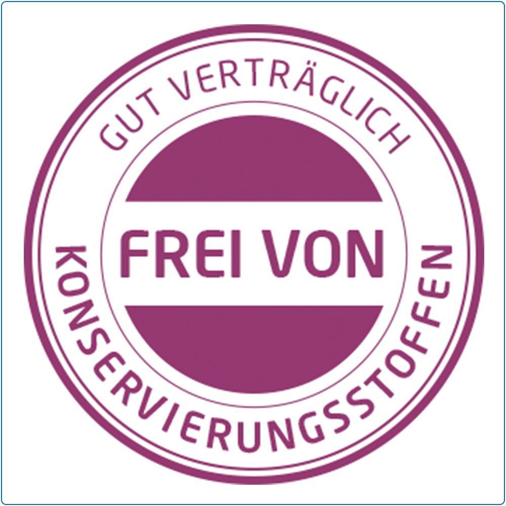 Drei rosa Blüten der Malve mit grünen Blättern. Text: Mit Natriumhyaluronat & Malvenextrakt.