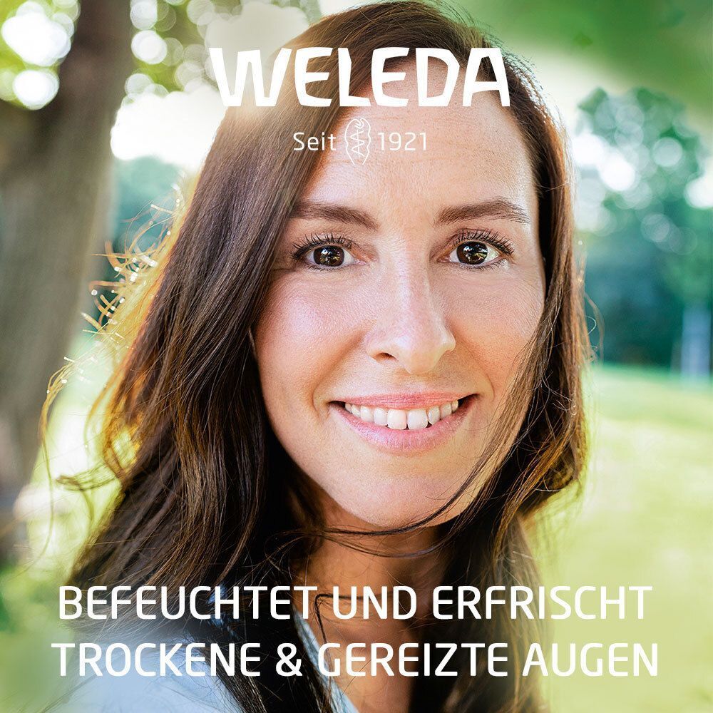 Nahaufnahme eines Auges neben einer Packung und einem Fläschchen Visiodoron Malva Augentropfen. Text: Schnelle Hilfe bei trockenen und gereizten Augen.
