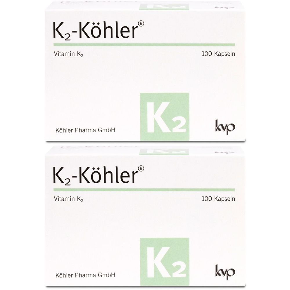 Zwei weiße Kartons mit der Aufschrift K2-Köhler®, Vitamin K2 und 100 Kapseln. Logo K2 und kyp. Hersteller: Köhler Pharma GmbH.