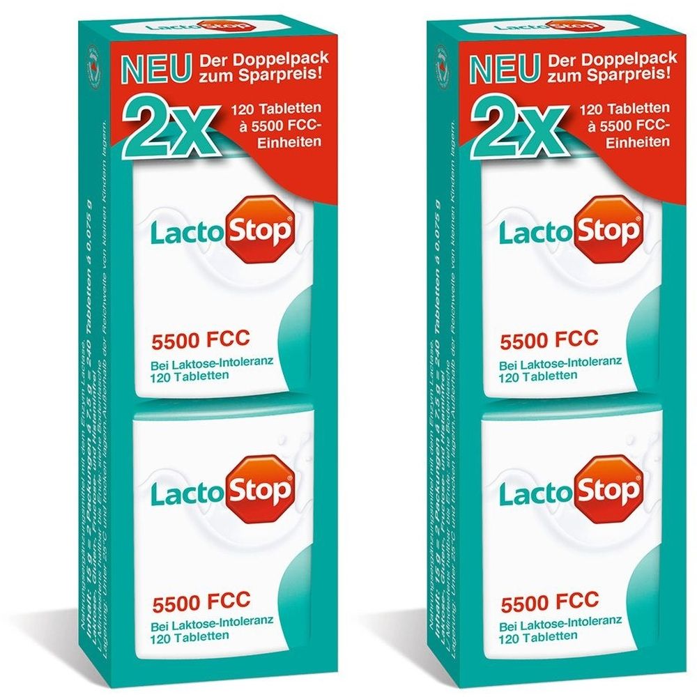 Doppelpackung LactoStop. Zwei Schachteln mit Tabletten. Aufschrift: 2x, 120 Tabletten, 5500 FCC. Bei Laktose-Intoleranz. Neu, zum Sparpreis.