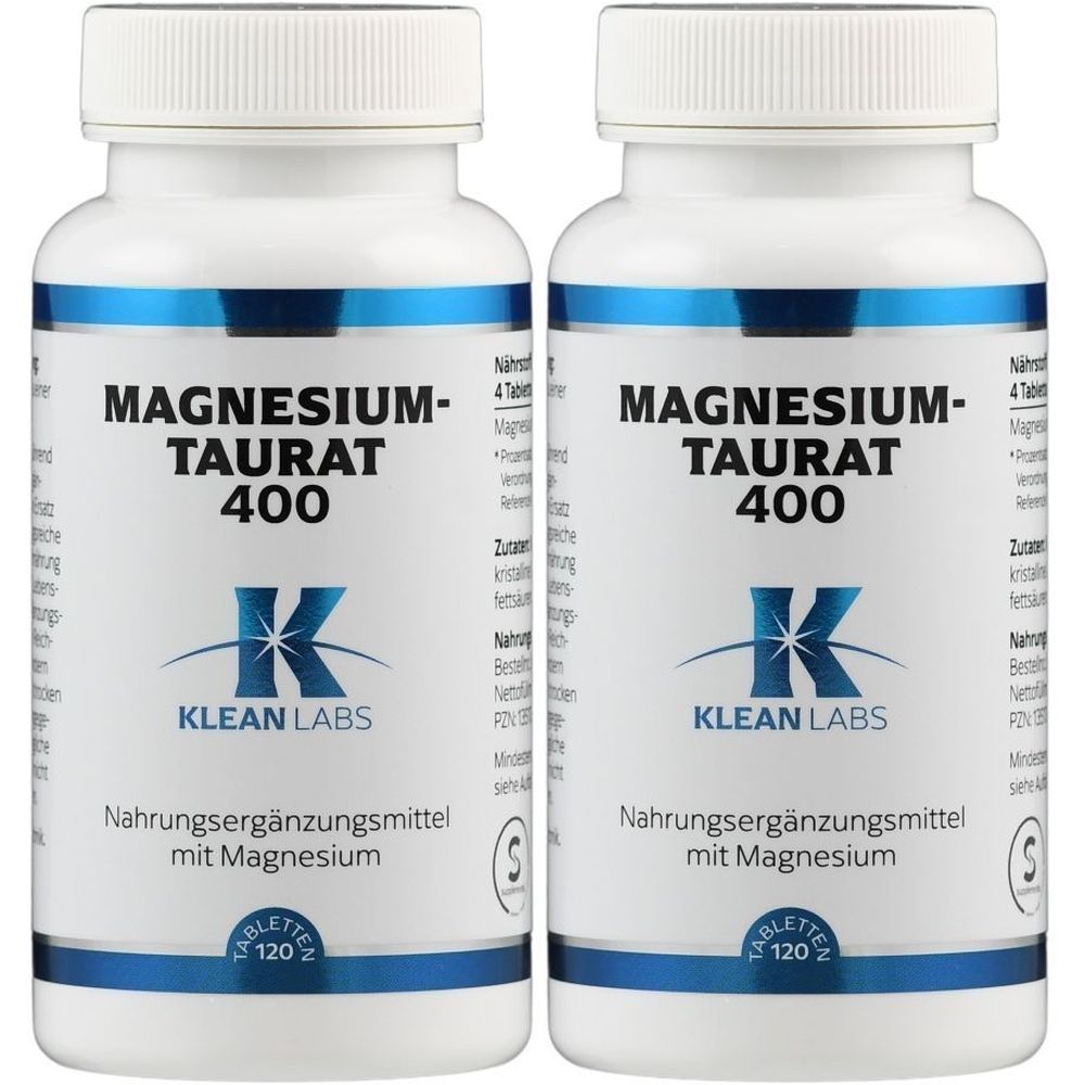 Zwei weiße Flaschen mit Etiketten. Aufschrift: Magnesium-Taurat 400, Klean Labs. Nahrungsergänzungsmittel mit Magnesium.