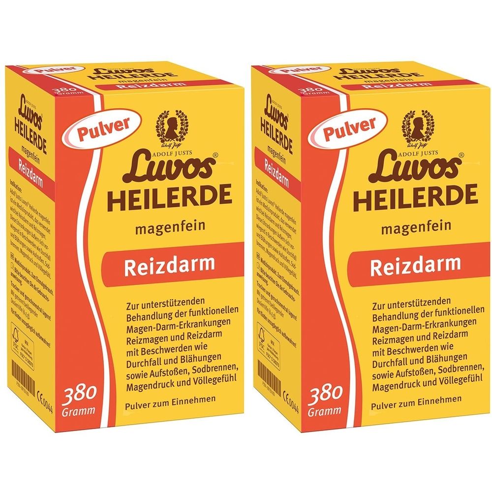 Zwei gelbe Kartons mit Produktaufdruck. Aufschrift: Luvos Heilerde magenfein, Reizdarm. Enthält 380 Gramm Pulver.