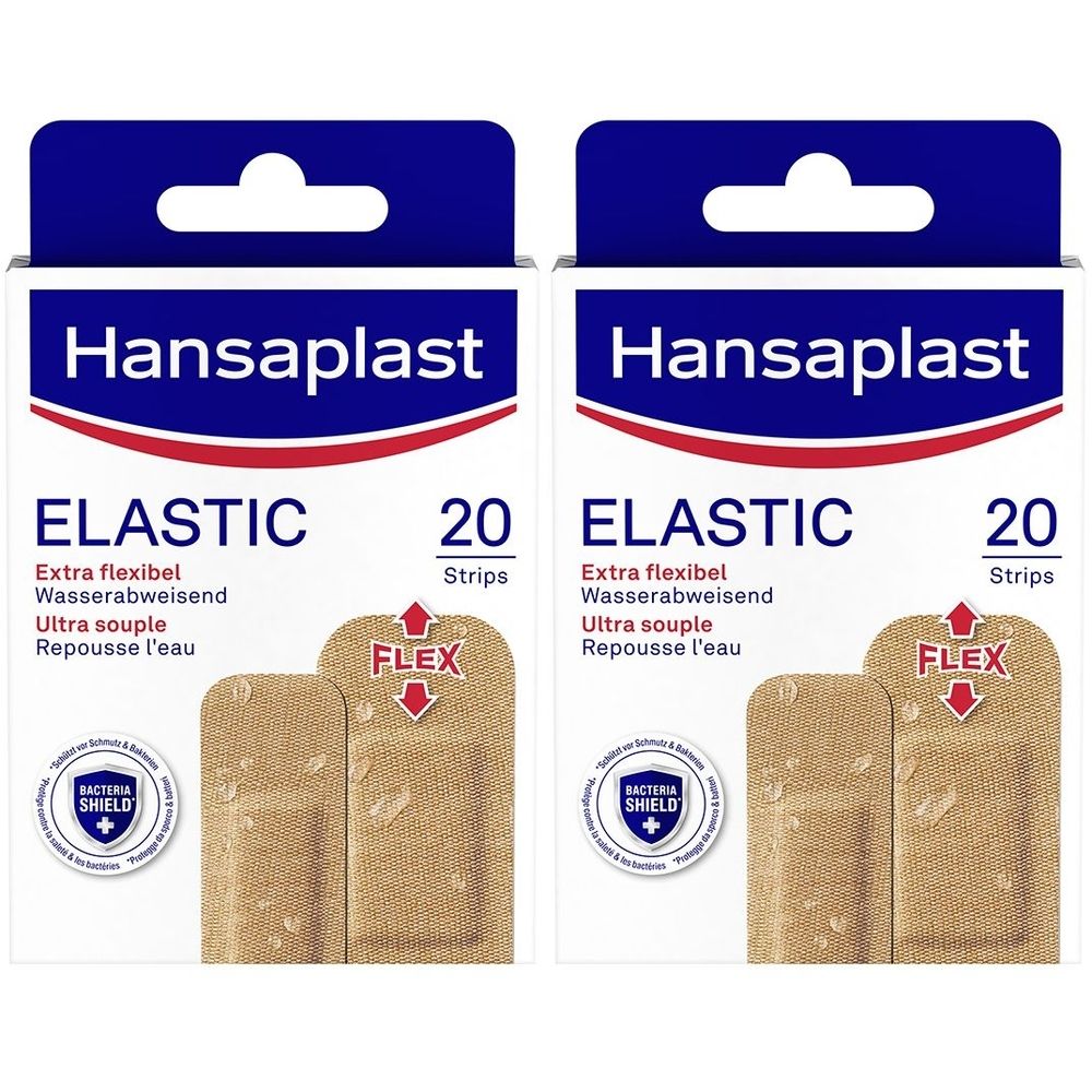 Zwei Packungen Hansaplast Elastic Pflaster. Jede Packung enthält 20 Strips. Aufschrift: Extra flexibel, wasserabweisend, Ultra souple, Repousse l'eau.