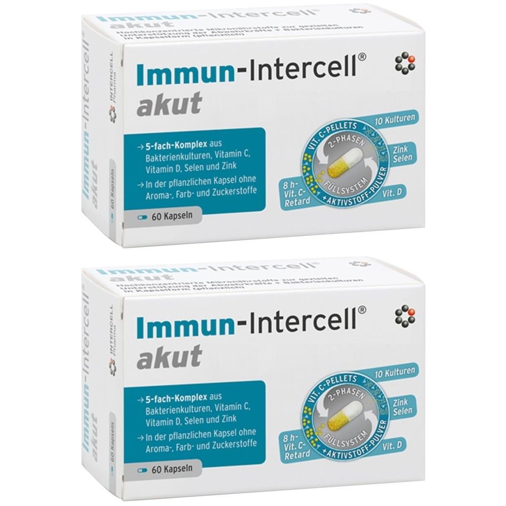Zwei weiße Schachteln mit der Aufschrift Immun-Intercell akut. Aufdrucke: 60 Kapseln, 5-fach-Komplex, Vitamin C, D, Selen, Zink.