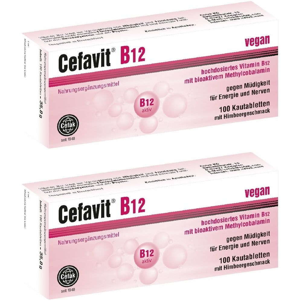 Zwei Schachteln Cefavit B12. Aufschrift: hochdosiertes Vitamin B12, gegen Müdigkeit, für Energie und Nerven. Vegan.