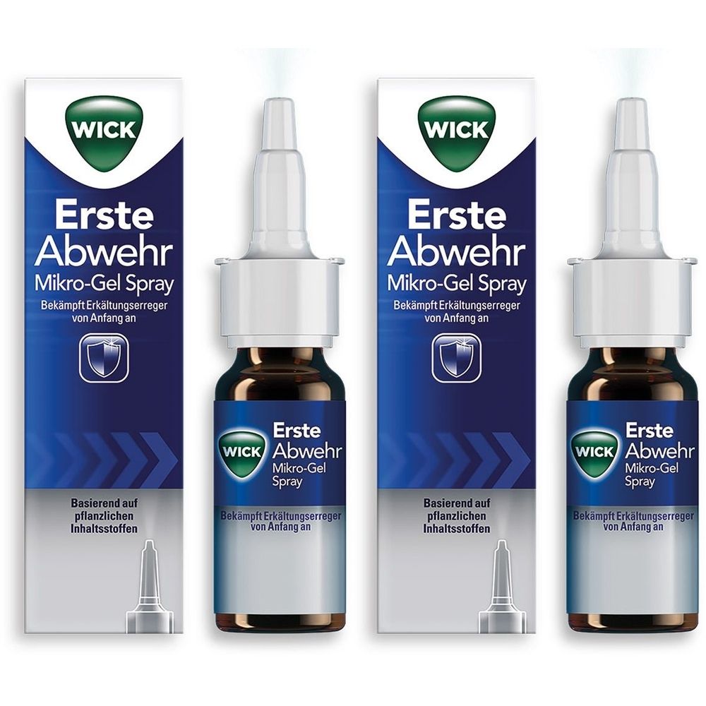 Drei Flaschen mit Sprühaufsatz und Verpackung. Aufschrift: WICK Erste Abwehr Mikro-Gel Spray. Blaue Verpackung mit weißer Schrift.