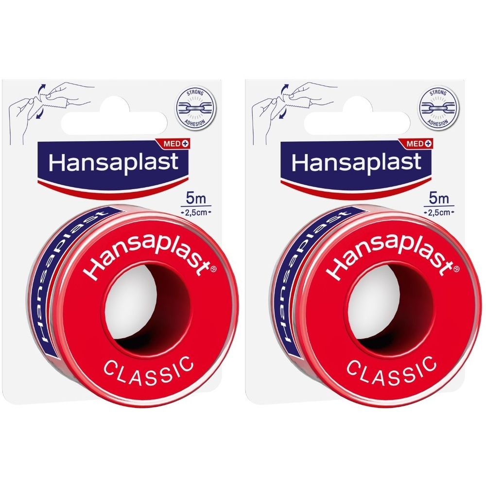 Zwei Rollen Hansaplast Classic Pflaster. Rote Rollen mit weißer Schrift. Verpackung mit Produktabbildung und Größenangabe.