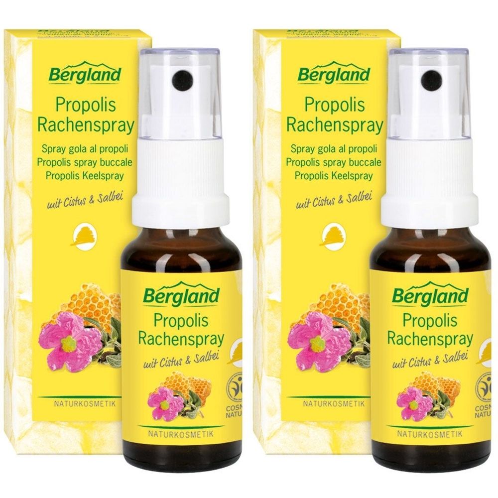 Zwei Flaschen mit Sprühkopf und gelben Etiketten. Aufschrift: Bergland Propolis Rachenspray. Mit Verpackung.