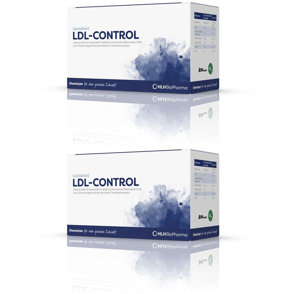 Zwei Schachteln Lactobact LDL-CONTROL. Weiße Verpackung mit blauem Logo und Produktnamen. Aufdruck mit Informationen und Logo.