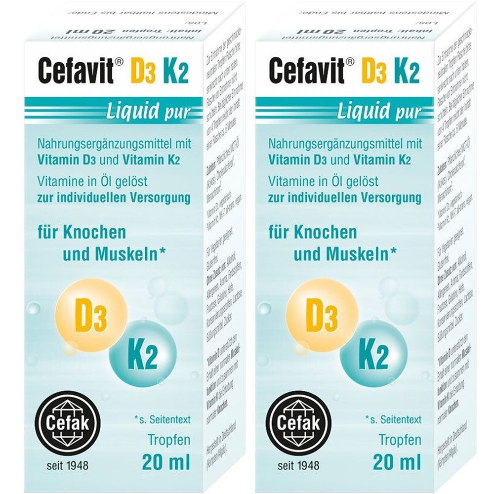 Zwei Kartons Cefavit® D3 K2 Liquid pur. Aufschrift: Nahrungsergänzungsmittel mit Vitamin D3 und K2. Tropfen, 20 ml. Logo Cefak.