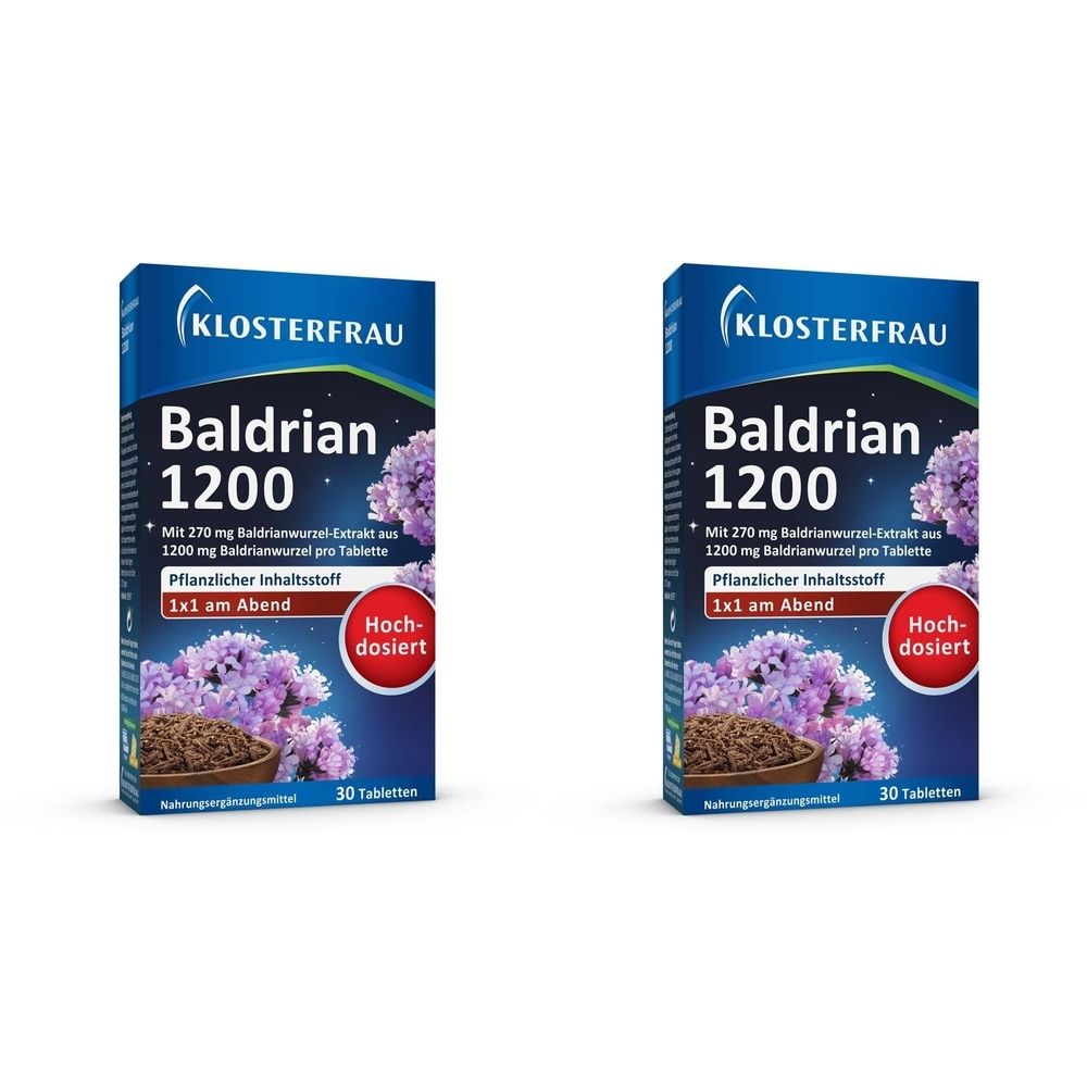 Zwei Schachteln KLOSTERFRAU Baldrian 1200. Blaue Verpackung mit Produktnamen, floralem Motiv und Text. Enthält 30 Tabletten.