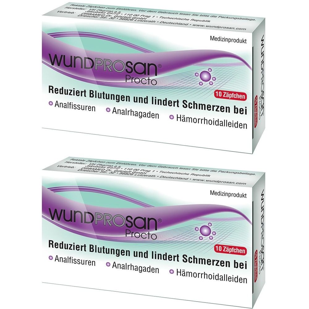 Zwei Schachteln Wundprosan Procto. Aufschrift: Reduziert Blutungen und lindert Schmerzen bei Analfissuren, Analrhagaden, Hämorrhoidalleiden. 10 Zäpfchen.