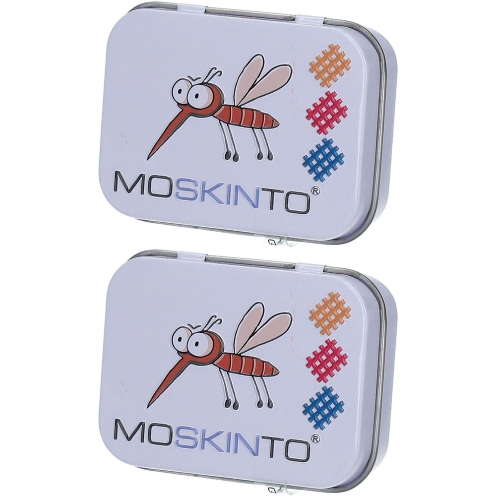 Zwei rechteckige Metallboxen mit Moskito-Illustration und Schriftzug MOSKINTO. Auf jeder Box sind drei farbige Quadrate abgebildet.