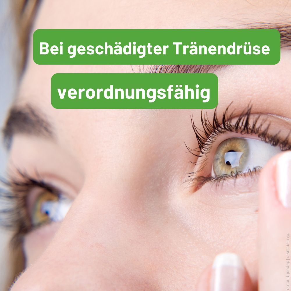 Nahaufnahme eines Auges, Text über verordnungsfähige Augentropfen.
