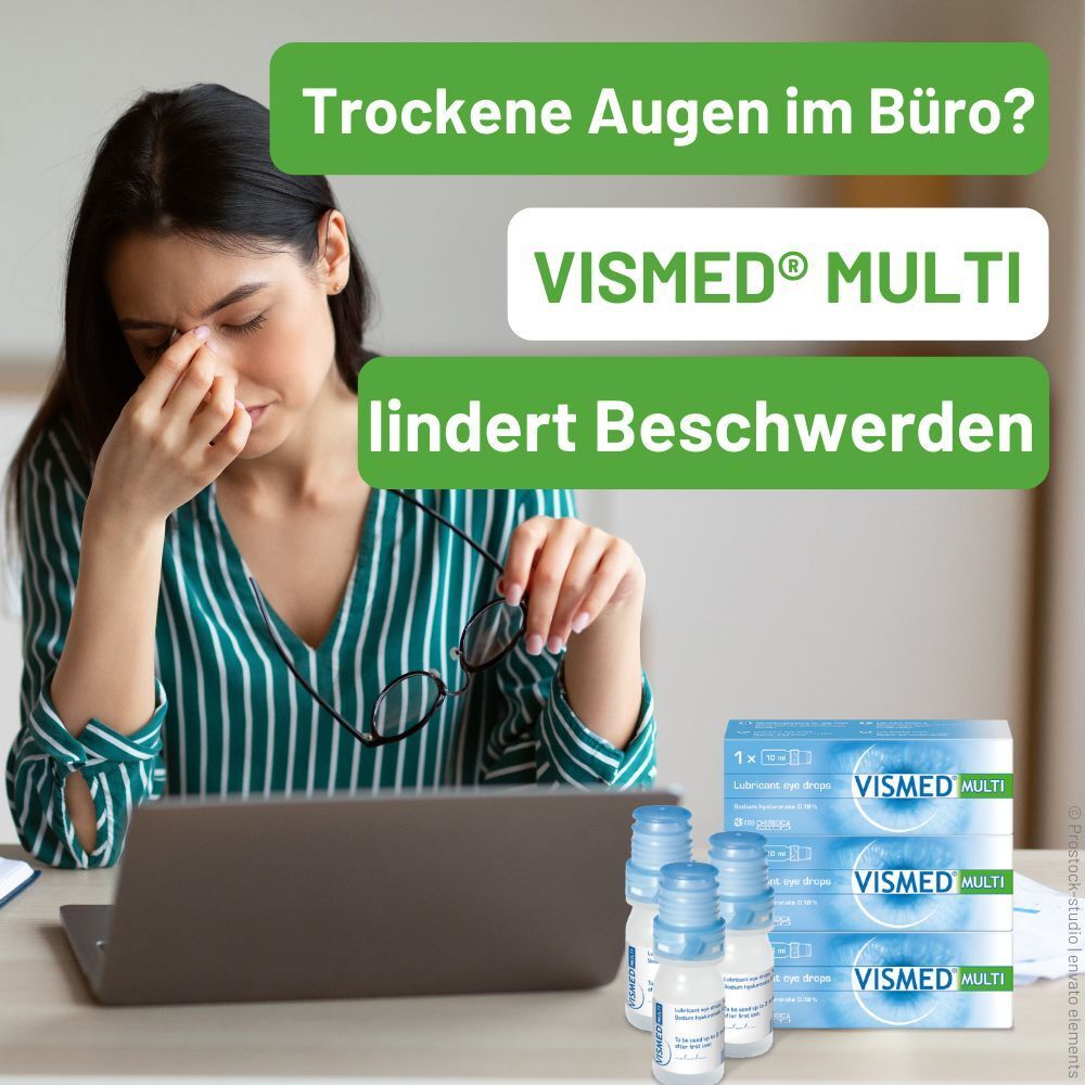 Frau mit trockenen Augen im Büro, VISMED® MULTI lindert Beschwerden.