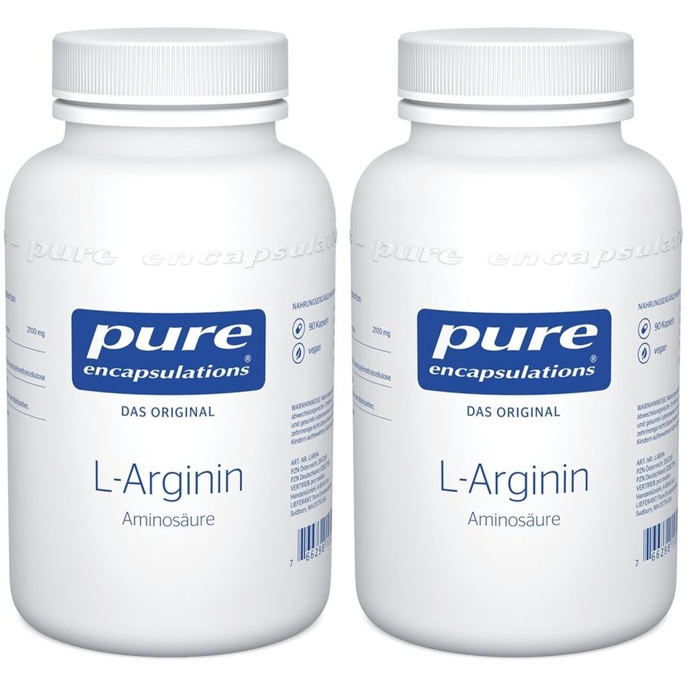 Zwei weiße Flaschen mit Etiketten. Aufschrift: Pure Encapsulations L-Arginin, Aminosäure. Vegan.