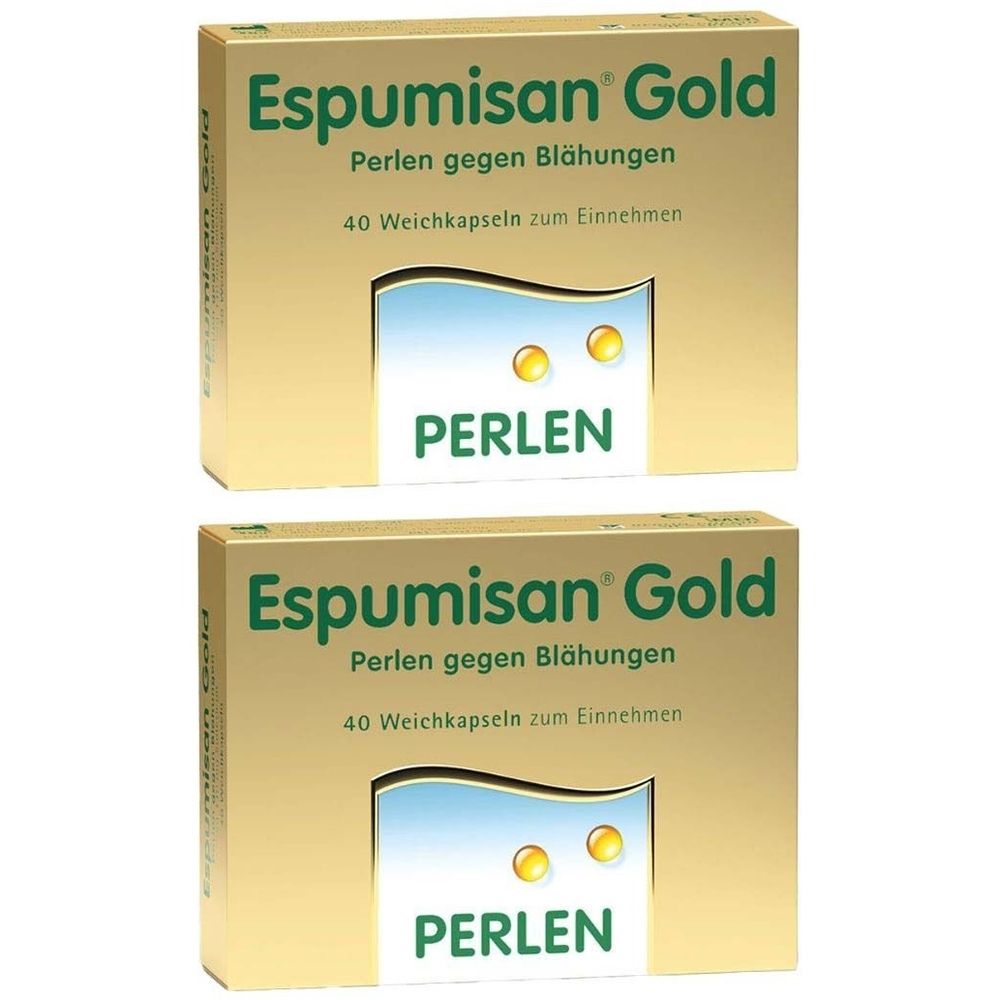 Zwei goldfarbene Schachteln mit der Aufschrift Espumisan Gold. Text: Perlen gegen Blähungen, 40 Weichkapseln. Unter PERLEN.