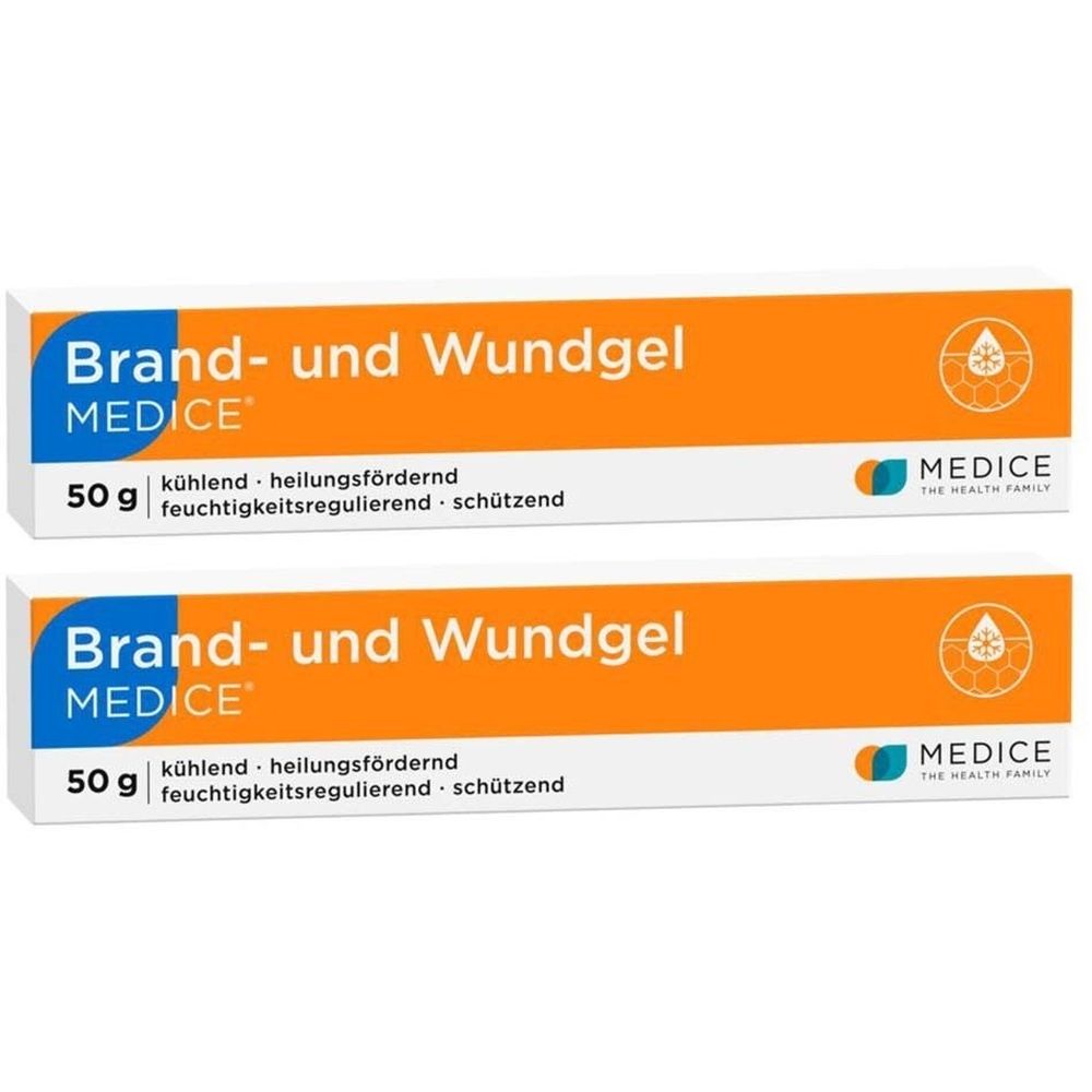 Zwei Tuben Brand- und Wundgel. Blaue Schrift auf orangefarbenem Hintergrund. Marke MEDICE. 50g. Kühlend, heilungsfördernd, schützend.