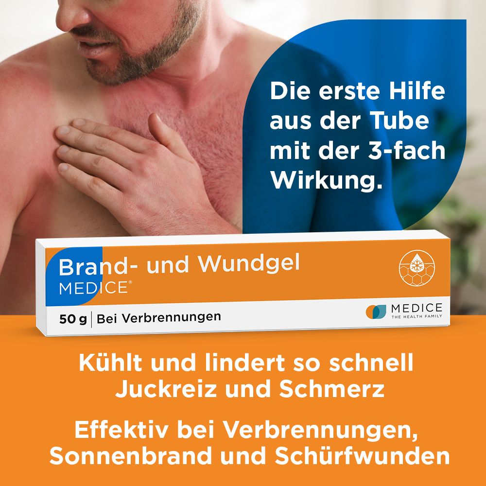 Mann mit Sonnenbrand, daneben Brand- und Wundgel MEDICE 50g.