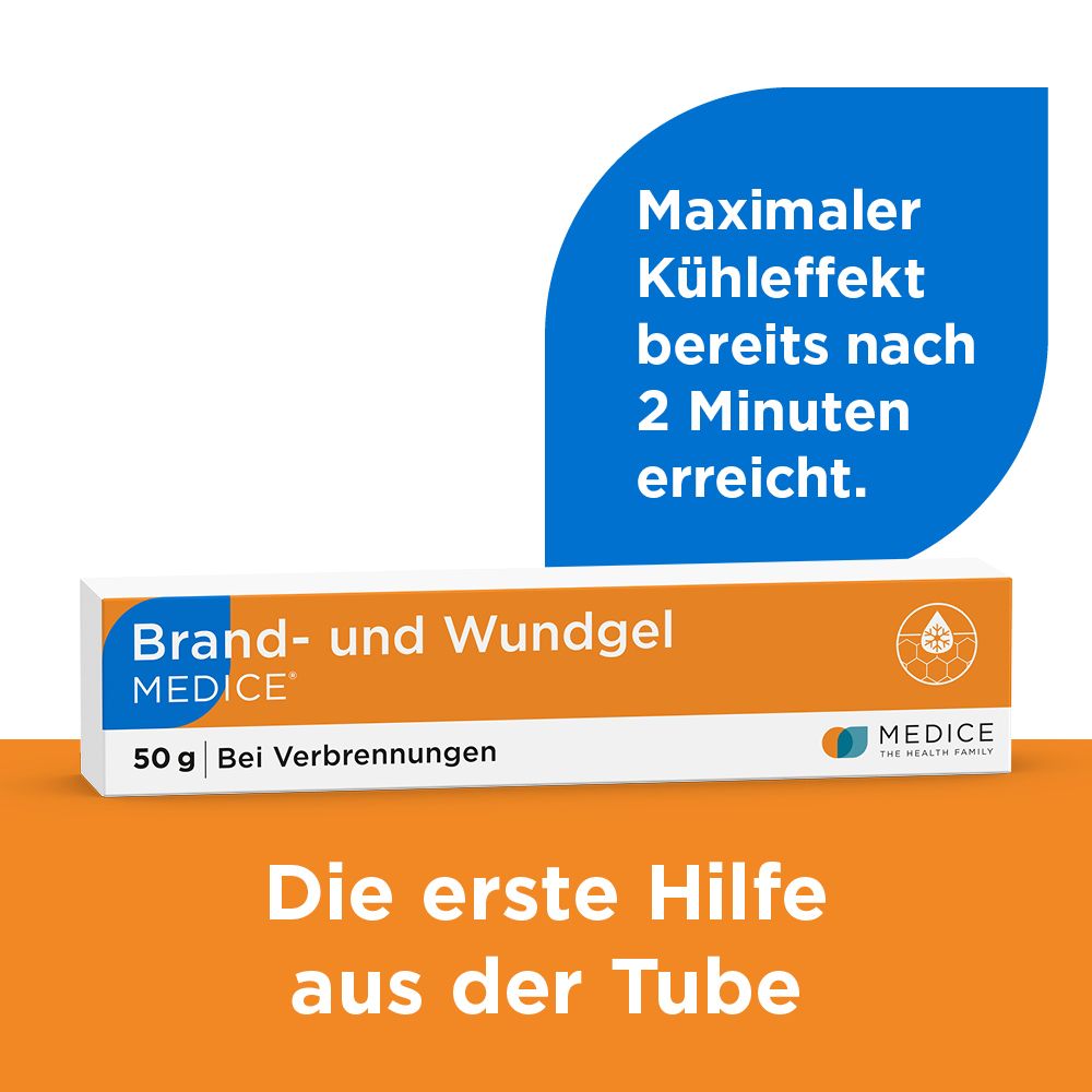 Brand- und Wundgel MEDICE 50g mit Text über schnelle Kühlung.