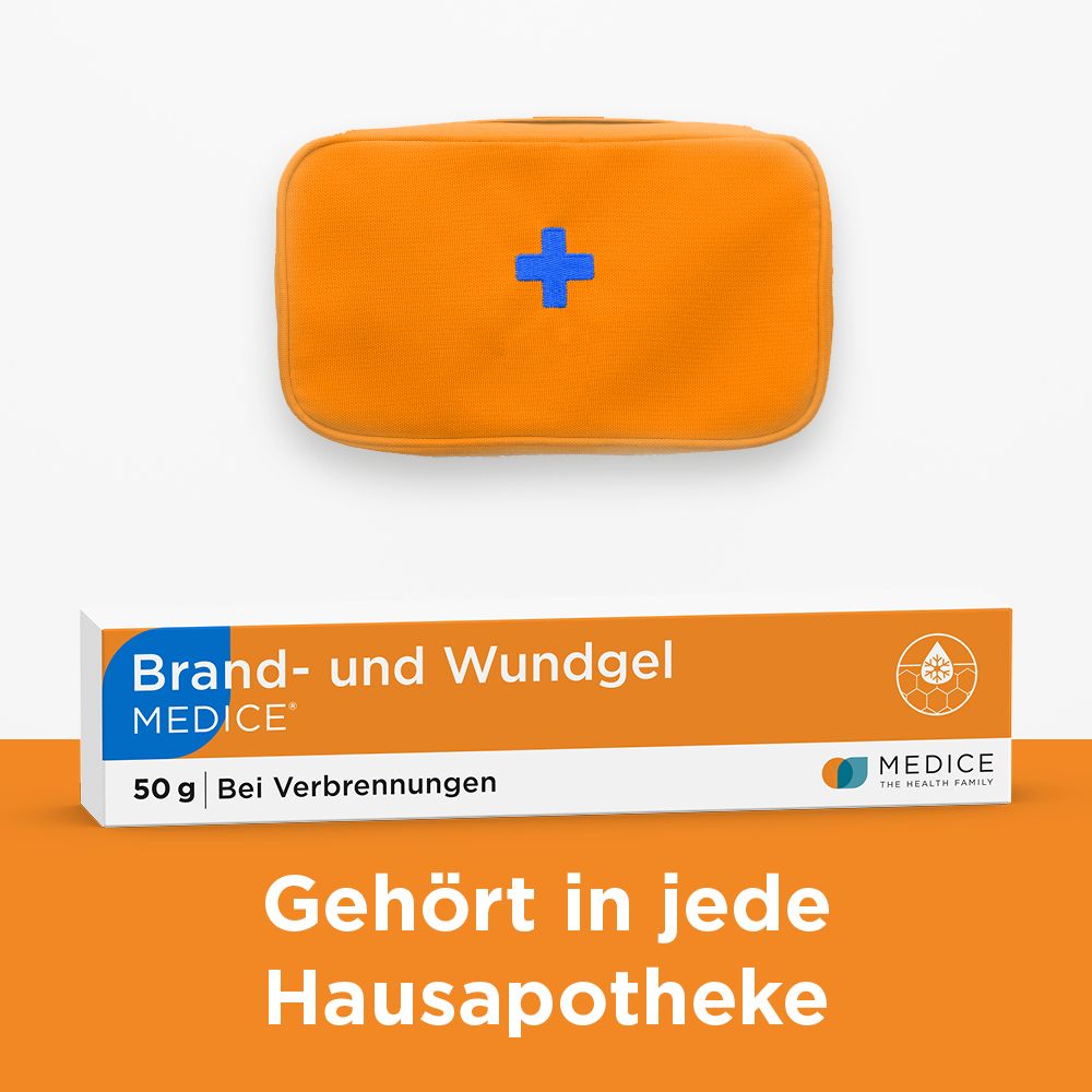 Brand- und Wundgel MEDICE 50g neben einer orangefarbenen Erste-Hilfe-Tasche.